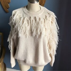 Umgee cream crew neck pull on fringe boho fall winter sweater cardigan size L